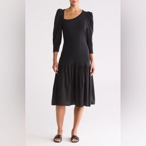 Nation Ltd Catalina Flounce Midi Dress Black Puff Sleeve Size Medium M